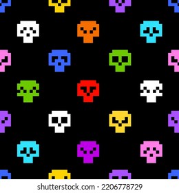 Vintage 8-bit pixel graphics Skulls background. Abstract colorful Skulls in Pixel Art style seamless pattern. Retro video games signs. Simple monsters characters on vector seamless pattern