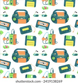 Vintage 90s pop culture seamless pattern. Music player, cassettes, floppy disks. Vintage equipment and accessories