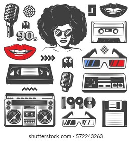 Vintage 90s style elements set with boombox console woman microphone diskette cassete glasses game symbols isolated vector illustration