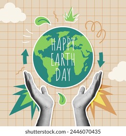 Vintage 90s style Happy Earth Day design banner with hands protecting globe. With retro style. Vector illustration for poster or greeting card. Earth day concept.