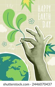 Anuncio de diseño del estilo de los años 90 de Antiguas Happy Earth Day con las manos sosteniendo las plantas. Con estilo retro. Ilustración vectorial para póster o tarjeta de felicitación. Concepto del día de la Tierra.