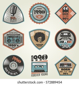 Vintage 90s style labels set with music disco and game retro elements isolated vector illustration