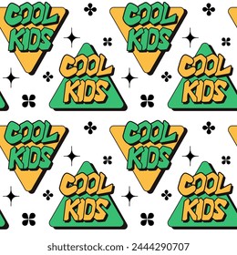 Patrón estilo Antiguas 90s con composición de letras. Texto Cool Kids con Formas geométricas. Concepto de moda del estilo de los años 90 sobre fondo blanco. Bueno para el diseño de impresión para textil, Fondo de pantalla, envoltura