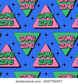 Vintage 90s style pattern with lettering stickers. Text Game zone in triangle shape. Trendy 90s style concept on blue background. Good for print design for textile, wallpaper, wrapping