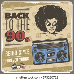Vintage-Poster im Stil der 90er Jahre mit Disco-Frau in Sonnenbrillen und Brombox auf Retro-Hintergrund, Vektorgrafik