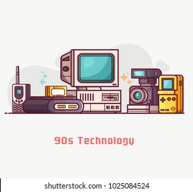 Vintage 90s Technology Banner. Nineties Multimedia Electronic Entertainment Gadgets With Camera, Old Computer, Game Console And Cellphone. Abstract Retro Tech Devices Concept Background In Flat Design