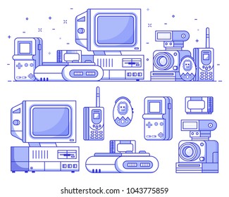 Vintage 90s technology icons. Nineties multimedia electronic entertainment gadgets icon set with camera, old computer, console and cellphone. Abstract retro tech devices background in line art.