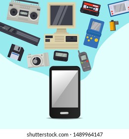 Vintage 90s technology multimedia and communication vector illustration. Nineties multimedia electronic entertainment gadgets with camera, old computer, console and cellphone. Retro.