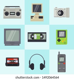 Vintage 90s technology multimedia devices vector pattern in squares. Flat illustration of old retro multimedia electronic entertainment gadgets with camera, old computer, tv and cellphone.