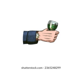 Vintage Absinthe badge. Alcoholic Labe. Classic frame for poster banner. Glass with strong drink. Cheers toast. Engraved hand drawn vintage sketch. Woodcut style.