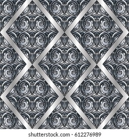 Vintage abstract 3d seamless pattern. Vector light  background wallpaper with black and white  swirl ornaments, figures. Surface modern silver  texture for prints, fabric, textile.
