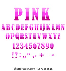 Vintage abstract alphabet with pink letters on light background. Punctuation marks and numbers. Stock image.