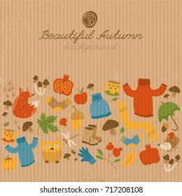 Vintage abstract autumn template with inscription and colorful traditional seasonal elements on brown striped background vector illustration