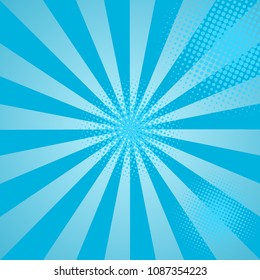Vintage abstract background. Blue beams with a gradient of semitones.  Backdrop of comics. A poster of sun rays. Pop Art. Retro background. Vector EPS10.