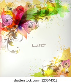 vintage  abstract background with colorful flowers and blots. Vector design