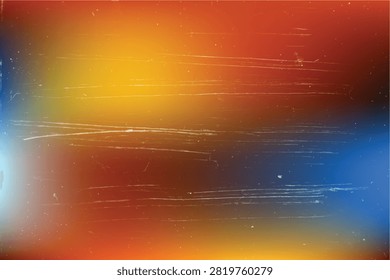 A vintage, abstract background with a gradient of warm colors like orange, yellow, and red, contrasted by a cool blue hue. The surface is textured with numerous scratches and dust particles, evoking a sense of aged film or a worn-out surface.