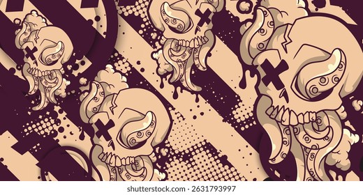 Vintage abstract background with skull and tentacles object, grunge design, livery vector, eps 10, editable.