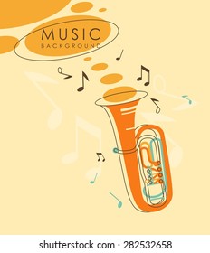 Vintage abstract background with wind musical instrument tuba in sketch style