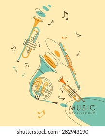 Vintage abstract background with wind musical instruments French horn, flute and trumpet in vintage sketch style