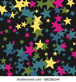 Vintage abstract black vector background with stars of confetti. Decorative pattern with multicolored stars. Old fashion illustrations of space. Holiday, glamor background 