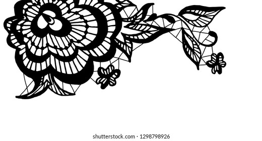 Vintage abstract branch lace guipure with rose and leaves on white background. Hand drawn design illustration.