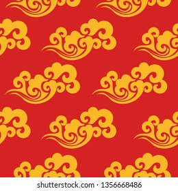 Vintage abstract with china seamless pattern. Textile design. Summer background.  Ornate beautiful texture. Summer print. Colorful wallpaper. Abstract gold waves design on red background.