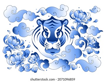 Vintage abstract chinese tiger`s head, blossom peony, cloud in chinoiserie style, traditional light blue ink colors on white background. 2022 new year mascot, zodiac oriental sign vector illustration.