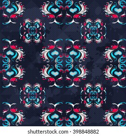 vintage abstract colored flowers on a blue background seamless pattern grunge texture