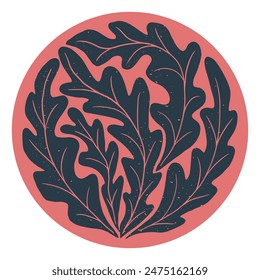 Vintage abstract contrast botanical composition in round shape. Flat vector hand drawn illustration with leaves in printmaking technique with grunge texture and scratches