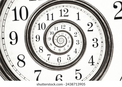 Vintage abstracto punteado infinito espiral cara del reloj aislado en un fondo. Reloj de medio tono surrealista concepto de tiempo retorcido. Ilustración de vector