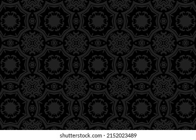 Vintage abstract embossed black background, trendy cover design. Geometric 3D pattern, ornamental ethnic texture for design and decor. Motives of the East, Asia, India, Mexico, Aztecs, Peru.