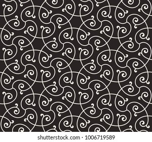 Vintage abstract floral seamless pattern. Intersecting curved elegant stylized leaves and scrolls forming abstract floral background in Arabic style. Arabesque design.