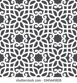 Patrón abstracto floral vintage sin fisuras. Intersección de hojas estilizadas blancas curvadas y elegantes y rollos sobre fondo gris formando un ornamento floral abstracto al estilo árabe. Diseño árabe.