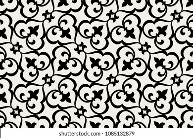 Vintage abstract floral seamless pattern. Intersecting elegant stylized leaves and scrolls forming abstract floral ornament in Arabesque style.