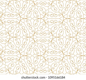 Vintage abstract floral seamless pattern. Intersecting curved elegant stylized leaves and scrolls forming abstract floral background in Arabic style. Arabesque design. Decorative lattice.