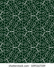 Vintage abstract floral seamless pattern. Intersecting curved elegant stylized leaves and scrolls forming abstract floral background in Arabic style. Arabesque design. Decorative lattice.