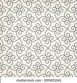 Vintage abstract floral seamless pattern. Intersecting curved elegant stylized leaves and scrolls forming abstract floral background in Arabic style. Arabesque design. Decorative lattice.