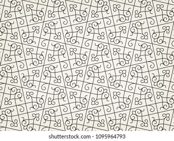 Vintage abstract floral seamless pattern. Intersecting curved elegant stylized leaves and scrolls forming abstract floral background in Arabic style. Arabesque design. Decorative lattice.