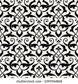 Vintage abstract floral seamless pattern. Intersecting stylized leaves, branches and scrolls forming abstract floral rapport in Arabic style. Arabesque design. Monochrome background.