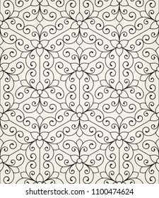 Vintage abstract floral seamless pattern. Intersecting curved elegant stylized leaves and scrolls forming abstract floral background in Arabic style. Arabesque design. Decorative lattice.
