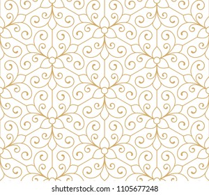 Vintage abstract floral seamless pattern. Intersecting curved elegant stylized leaves and scrolls forming abstract floral background in Arabic style. Arabesque design. Decorative lattice.