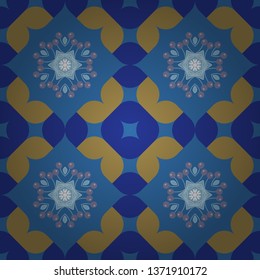 Vintage abstract floral seamless pattern. Abstract floral ornament in Arabic style. Vector illustration. Intersecting curved elegant stylized leaves and scrolls forming in blue, gray and yellow colors