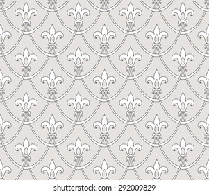 Vintage abstract floral seamless pattern. Intersecting curved elegant stylized leaves and scrolls forming abstract floral ornament in Arabic style on gray background. Arabesque.