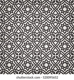 Vintage abstract floral seamless pattern. Intersecting curved elegant stylized leaves and scrolls forming abstract floral ornament in Arabic style. Arabesque.