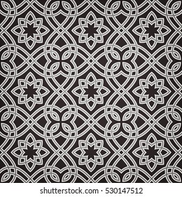 Vintage abstract floral seamless pattern. Intersecting curved strips forming abstract floral lattice in Arabic style. Arabesque.