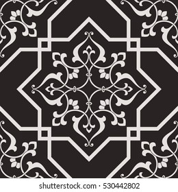Vintage abstract floral seamless pattern. Intersecting curved elegant stylized leaves and scrolls forming abstract floral ornament in Arabic style. Arabesque.