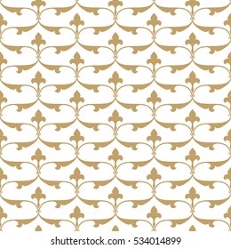Vintage abstract floral seamless pattern. Intersecting curved elegant stylized golden branches leaves and scrolls forming abstract floral ornament in Arabian style on white .  Decorative lattice 
