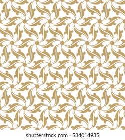 Vintage abstract floral seamless pattern. Intersecting curved elegant stylized leaves and scrolls forming abstract floral ornament. Arabesque. Golden decorative lattice on white background 