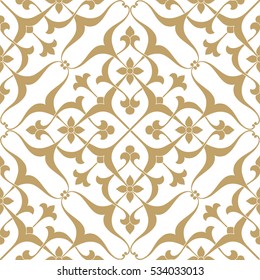 Vintage abstract floral seamless pattern. Intersecting curved elegant stylized golden leaves and scrolls forming abstract floral ornament in Arabian style on white  background.  Decorative lattice
