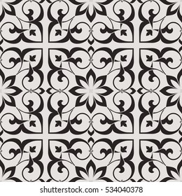 Vintage abstract floral seamless pattern. Intersecting curved elegant stylized leaves and scrolls forming abstract floral ornament in Arabian style. Arabesque